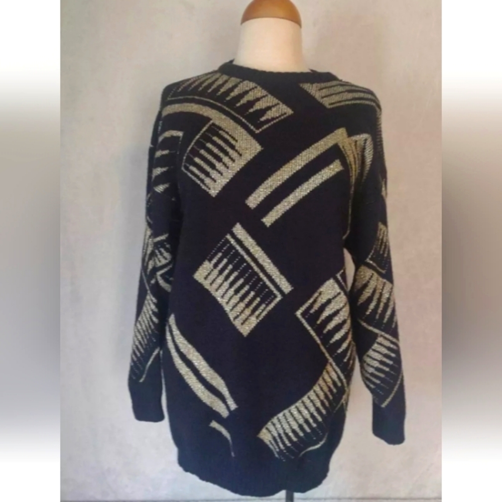 Ellen D. Vintage 80'S Black Metallic Gold Retro  Long Sleeve Sweater USA Made